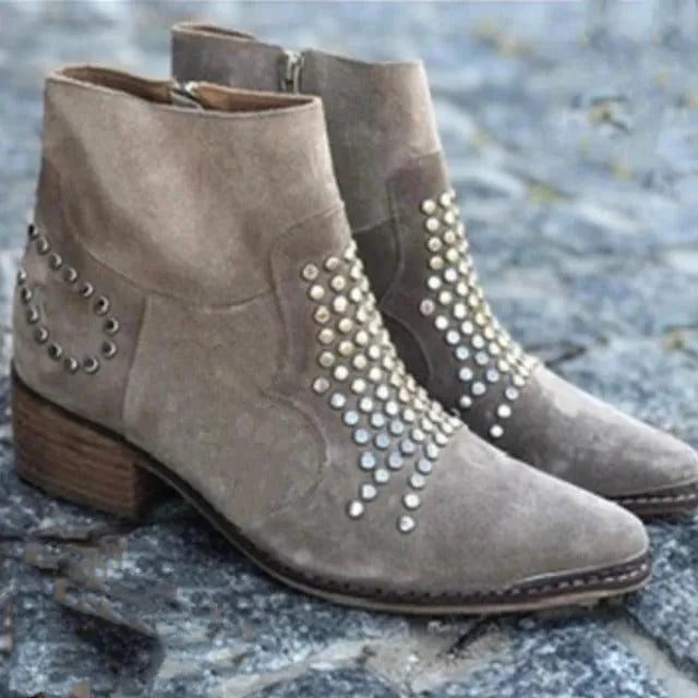 Light grey women's sequined ankle boots with chunky heel, pointed toe, side zipper, and rhinestone accents