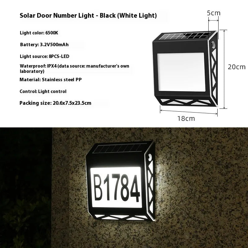 Black solar-powered metal doorplate light with LED house numbers and digital clock display