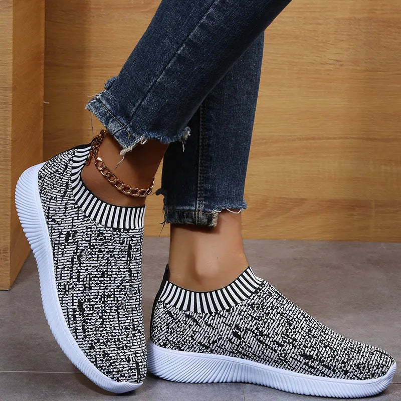 Unisex stripe knit sock shoes flat sneakers in white grey flower colour low top EVA sole