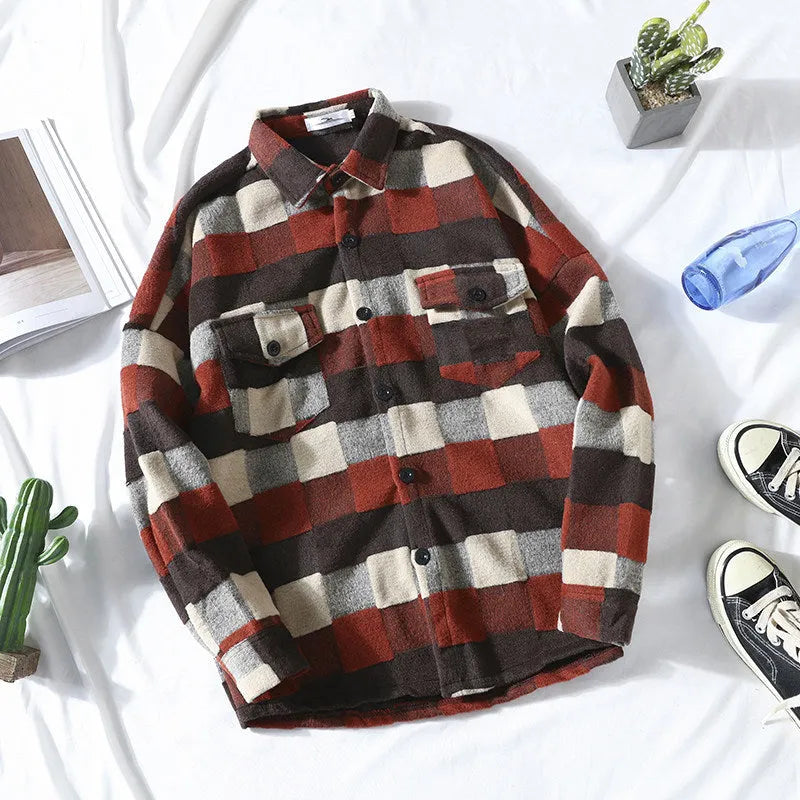 Men's autumn brushed plaid shirt in loose fit cardigan style, available in red colour