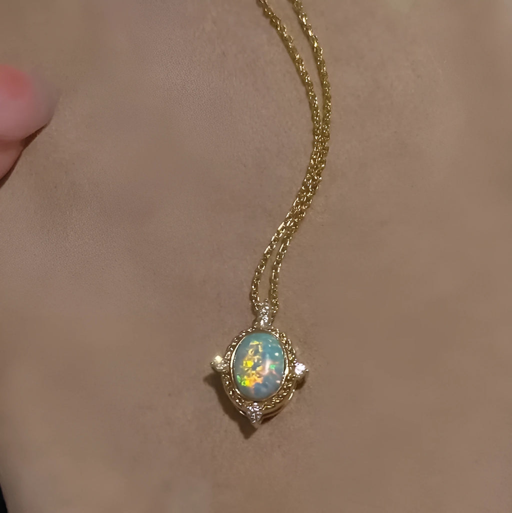 925 silver opal necklace pendant with 6x8mm oval cabochon on adjustable chain