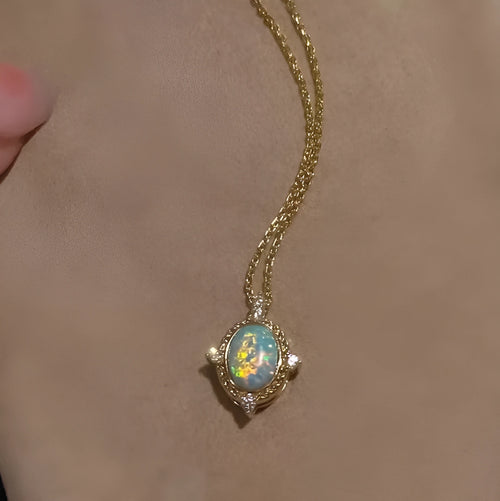 925 silver opal necklace pendant with 6x8mm oval cabochon on adjustable chain