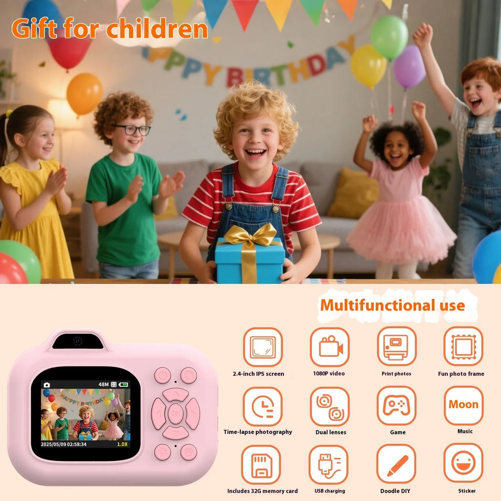 Children's plastic digital camera toy in pink, blue or purple with video recording and games