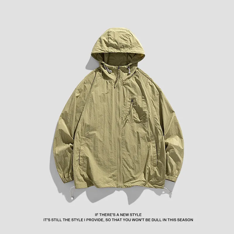 Men and women couple sun protection jacket in light army green, lightweight hooded Lycra fabric, available in multiple sizes