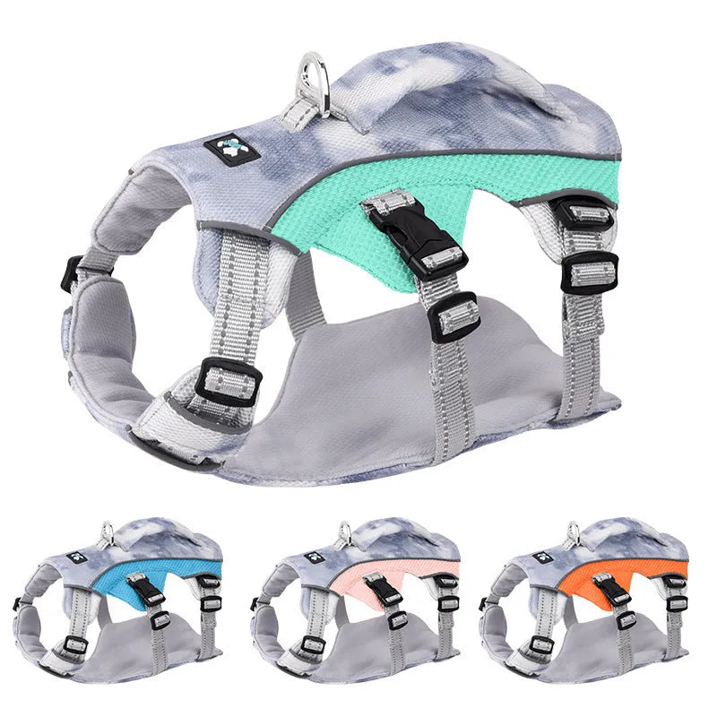 Reflective light blue dog harness chest strap shown on a canine mannequin.