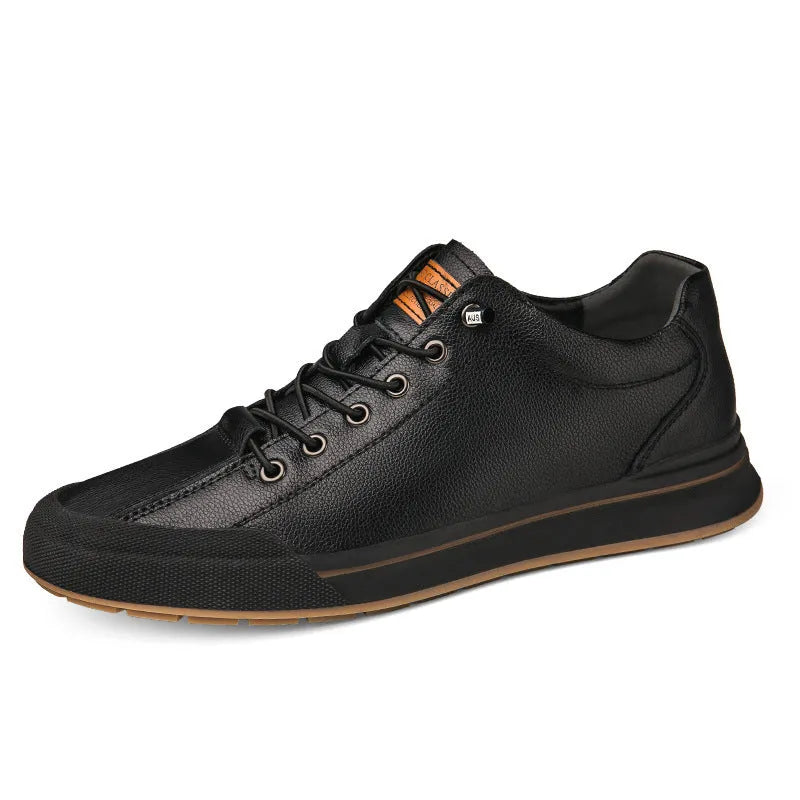 Men's white matte leather casual shoes with round toe and flat sole.