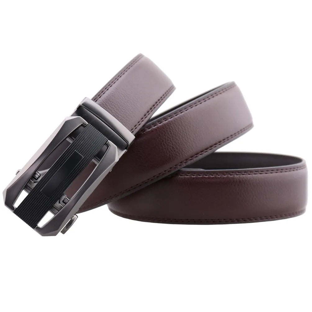 Men's automatic buckle belt in matte gun alloy finish with cowhide leather strap, black ribbon piece, 110-130cm