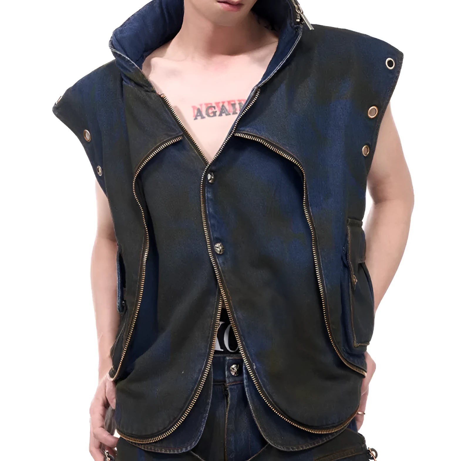 Blue hooded denim vest coat and matching trousers laid flat, showing zip front and Korean style design