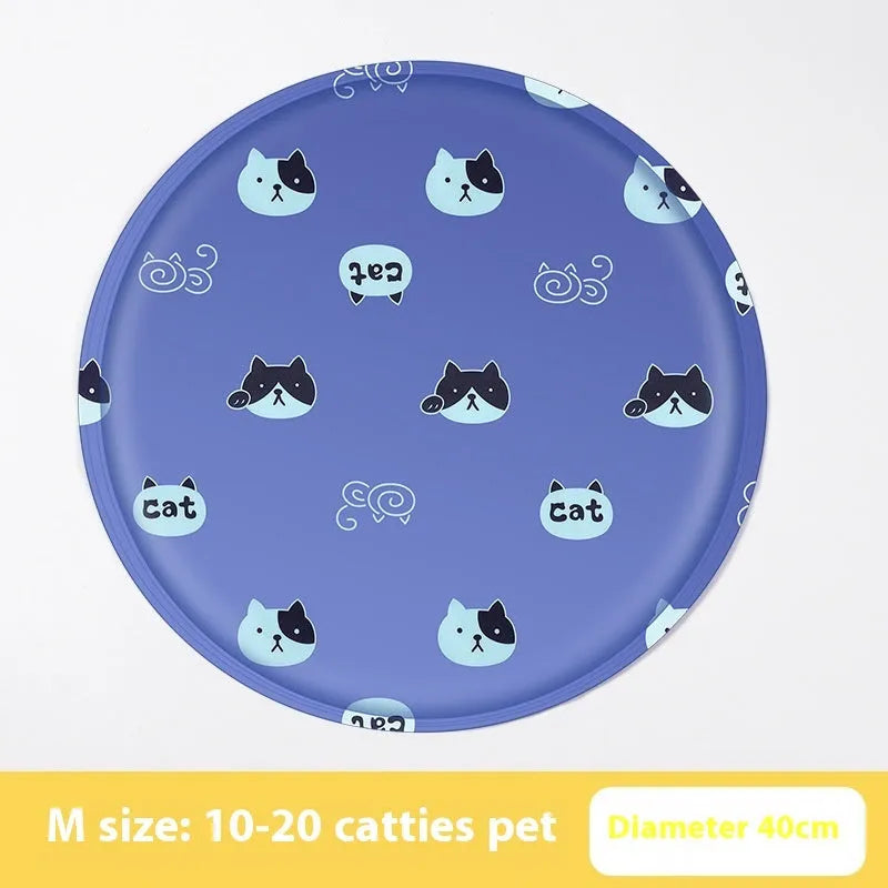 Round pet cooling ice pad with cartoon corgi design on blue background, showing 50cm diameter size.