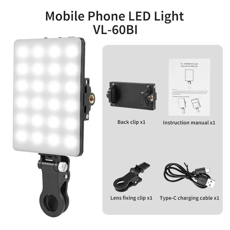 Portable pocket fill light with clip attachment for mobile phones, measuring 10.4cm wide