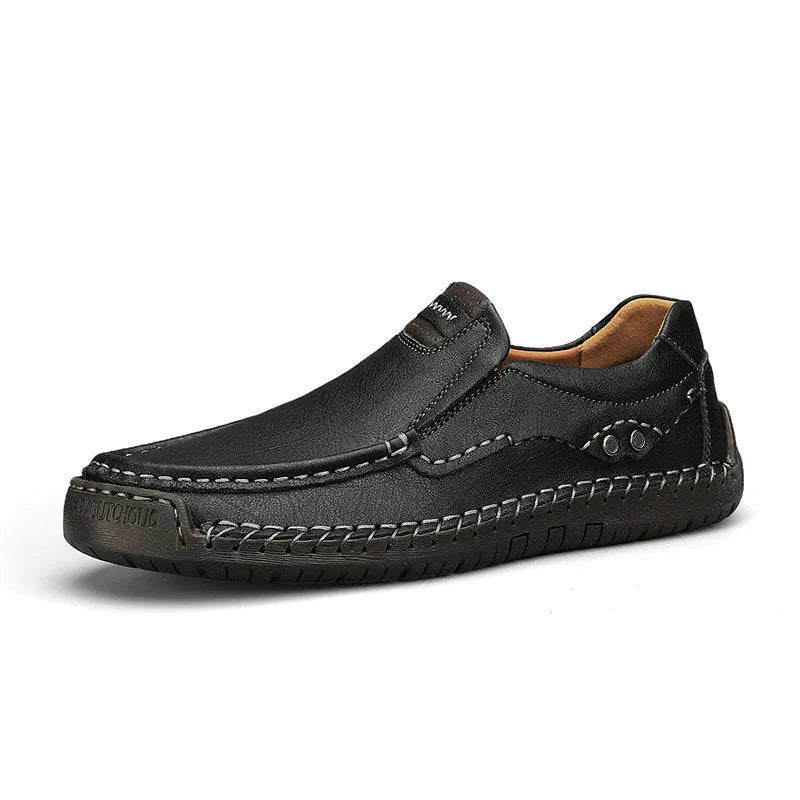 Handmade men's leather outdoor walking shoes, lace-up, flat rubber sole, available in black leather, sizes 38-48
