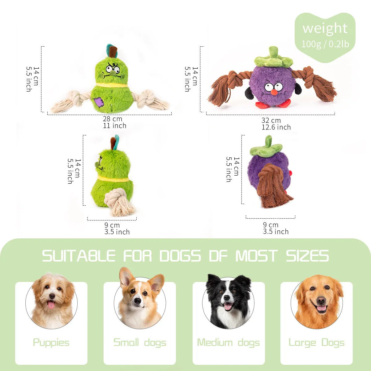Green interactive plush rope knot dog toy shaped like a bb with molar tooth texture for tug of war.