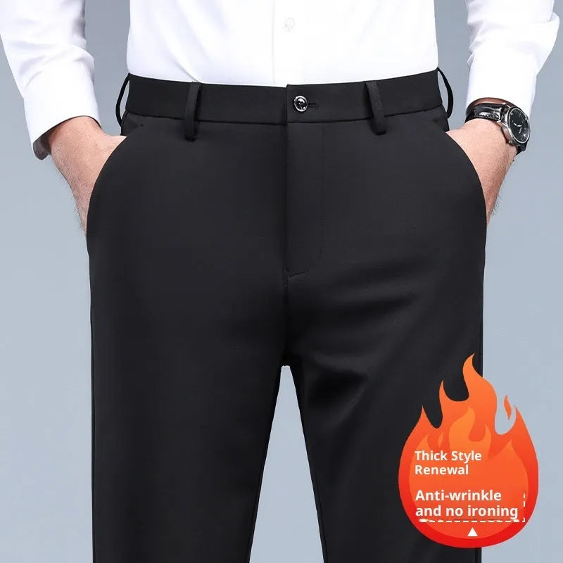 Men's black slim straight formal trousers made from polyester with micro-elastic waist, available in multiple colours and sizes 29-42