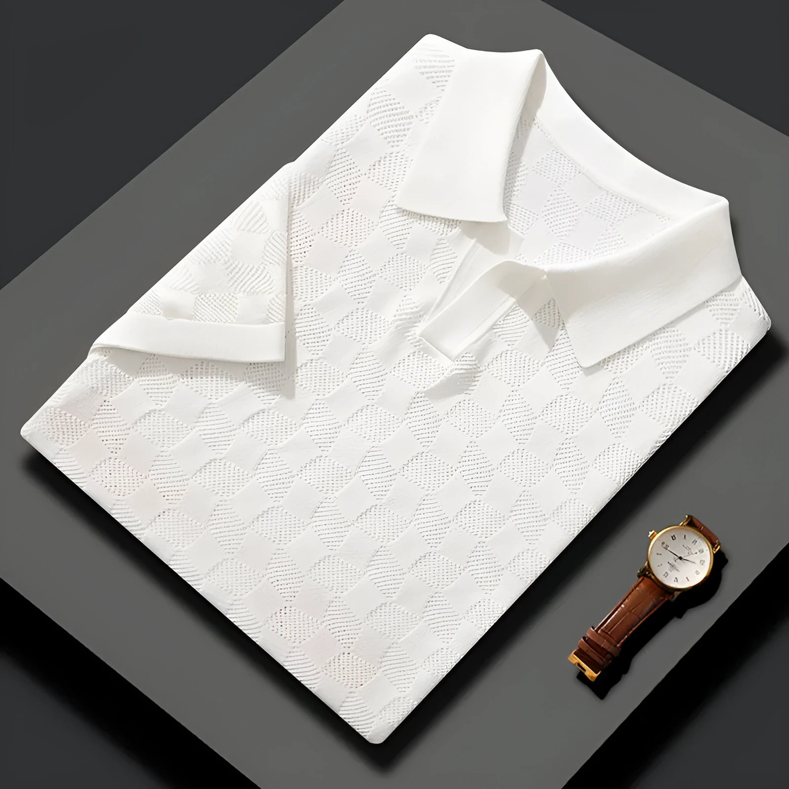 Men's short sleeve lapels business sweater in mulberry silk with Jacquard craft detail