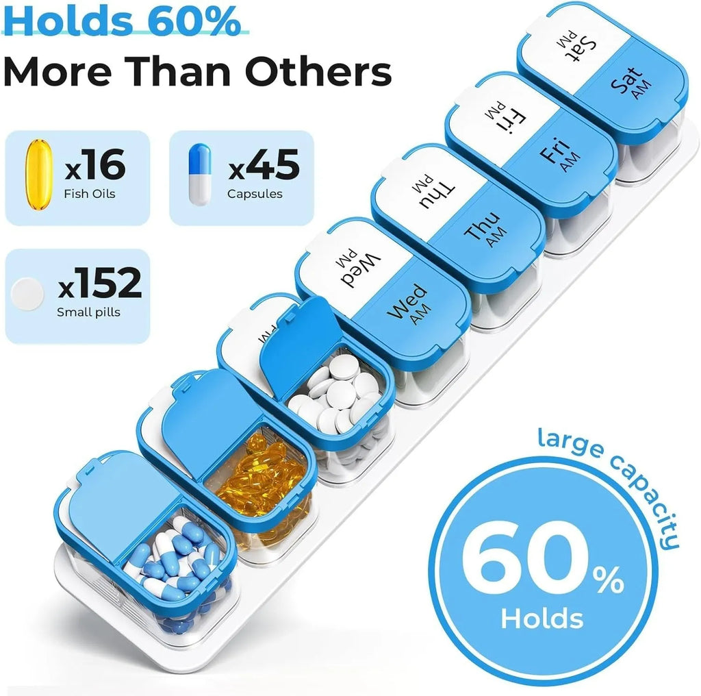Portable 14-compartment pill box dispenser with removable sections in white or rainbow colours