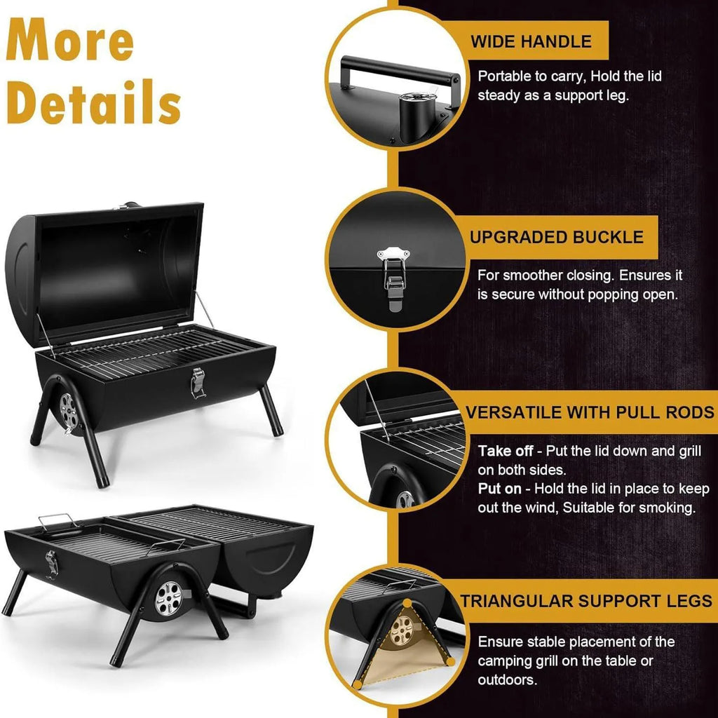 Small folding desktop charcoal barbecue stove with grill, shown in open and closed positions.