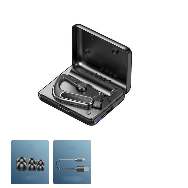 Bluetooth earphones in black with hanging ear design shown with charging cable and three pairs of silicone ear caps