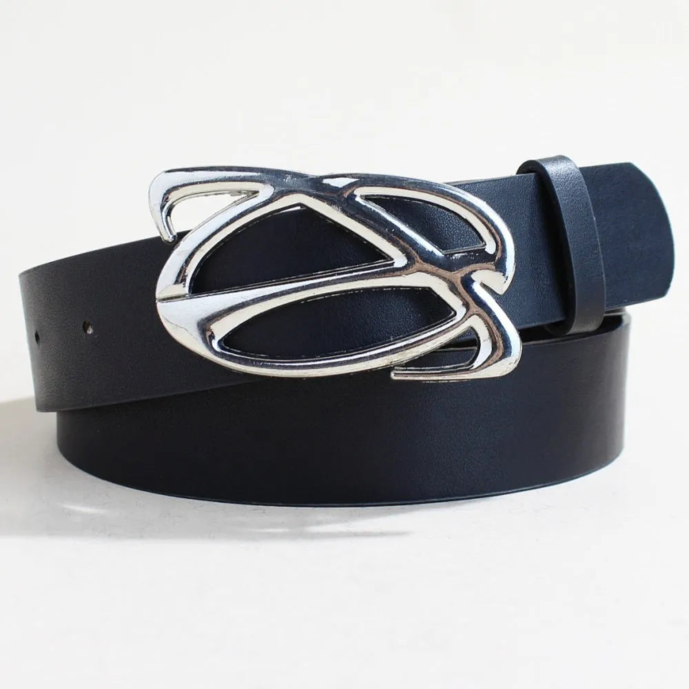 Silver buckle PU leather casual belt with snap button fastening, shown flat