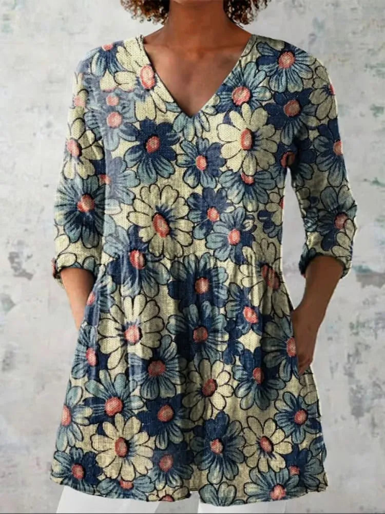 Women's retro slim fit long-sleeved polyester top with digital printing in multiple colour designs