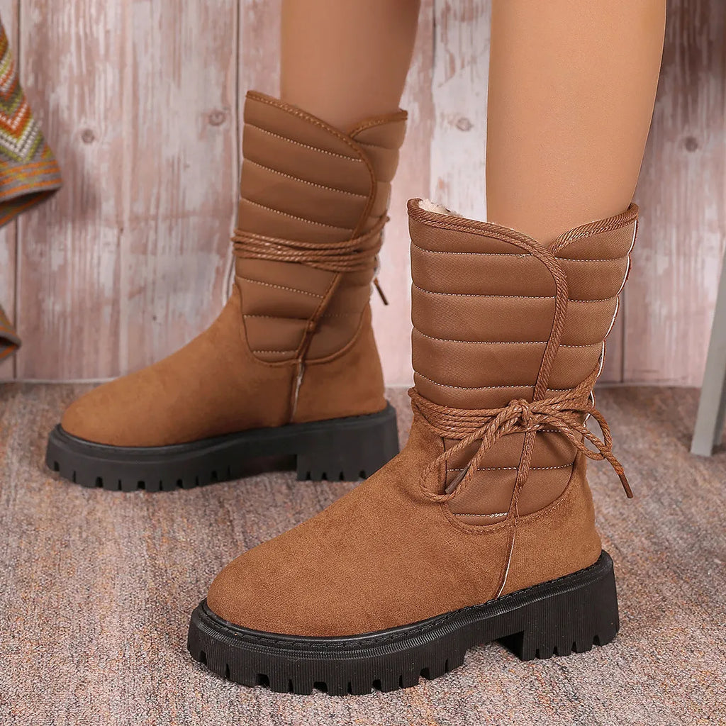 Women's chunky heel mid-tube snow boots in suede with fleece lining and lace-up design