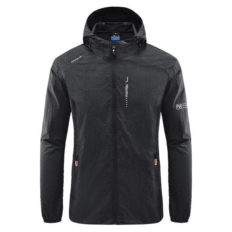 Men's thin summer hooded jacket in nylon fabric showing loose fit and available colour options