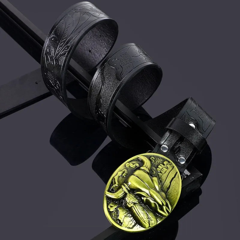Men's imitation leather belt with electroplated cow head alloy buckle, 125 cm length