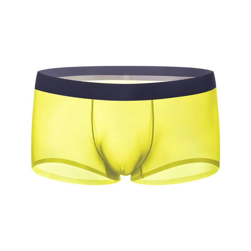 Men's ice silk seamless boxers in black nylon knit with low-rise waist and no side seams
