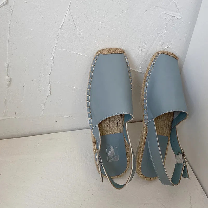 Women's retro canvas fisherman flat sandals with soft leather trim in yellow, showing animal print detail.
