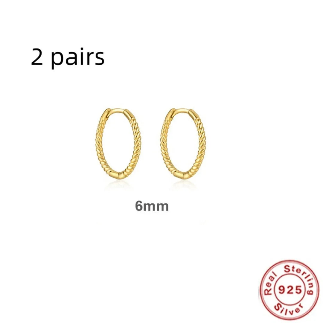 S925 Sterling Silver twisted string round ring earrings in gold or white gold plating, showing geometric design.