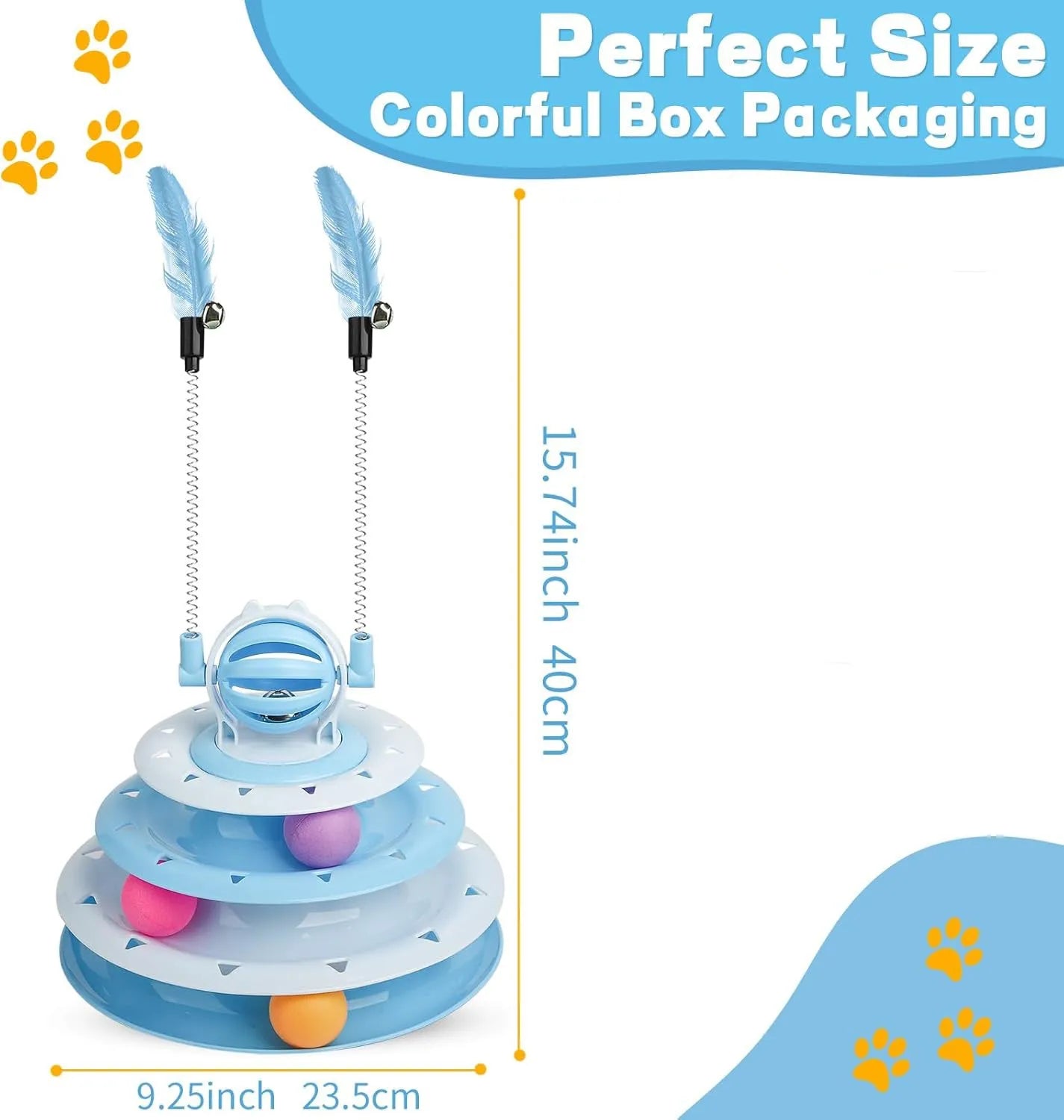 Blue 4-tier interactive cat puzzle toy with balls and teasing rods on a table.