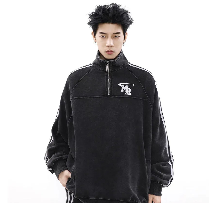 Black retro Hong Kong style hoodie with stand collar and long sleeves for casual sports wear