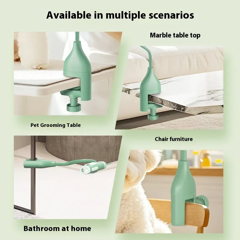 Pet halter hair dryer bracket in green and white for hands-free dog grooming