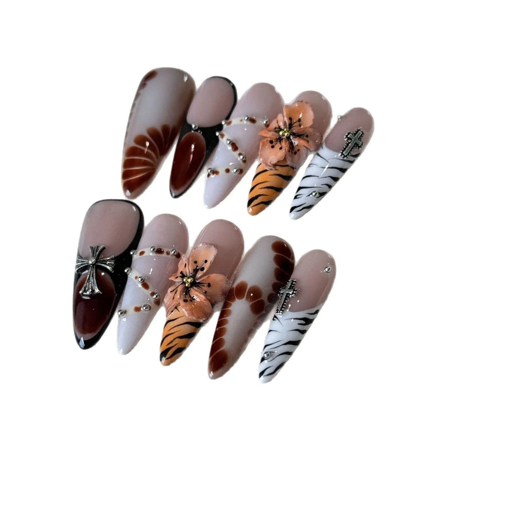 Handmade French style leopard, cross and flower print long tip nail stickers in sizes XS to L.