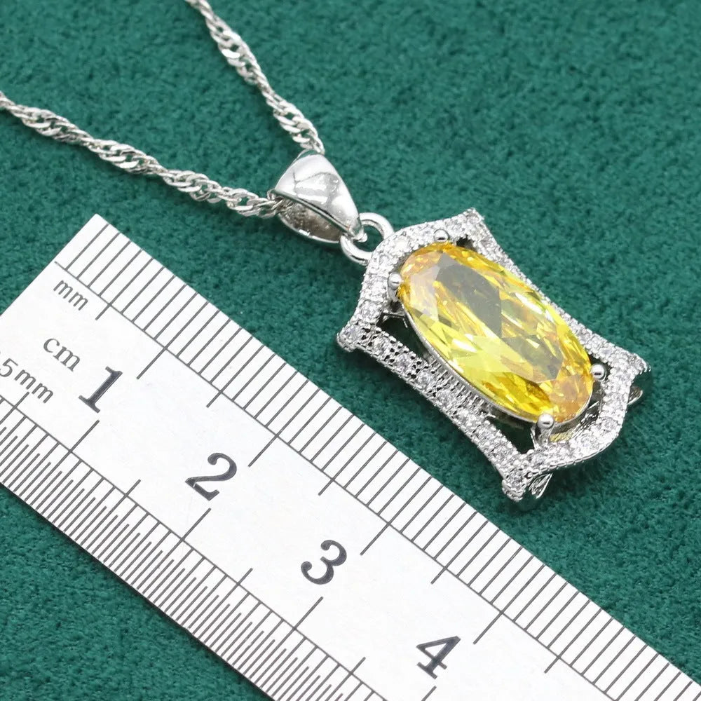 Anti-allergy zircon jewellery set with necklace, earrings, ring and bracelet in yellow or olive alloy colours