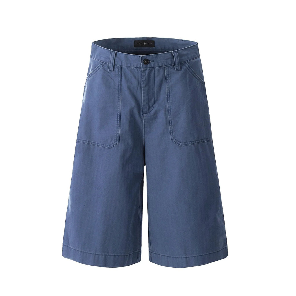 Men's French Blue cotton straight fit shorts with zipper fly on a plain background