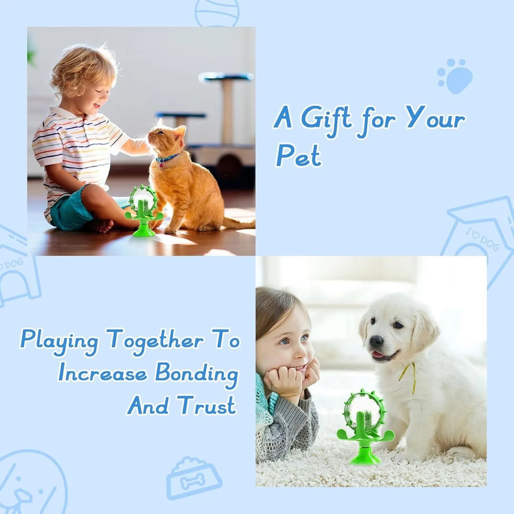 Interactive cat dog puzzle feeder toy with rotating spinner in blue green red yellow colours