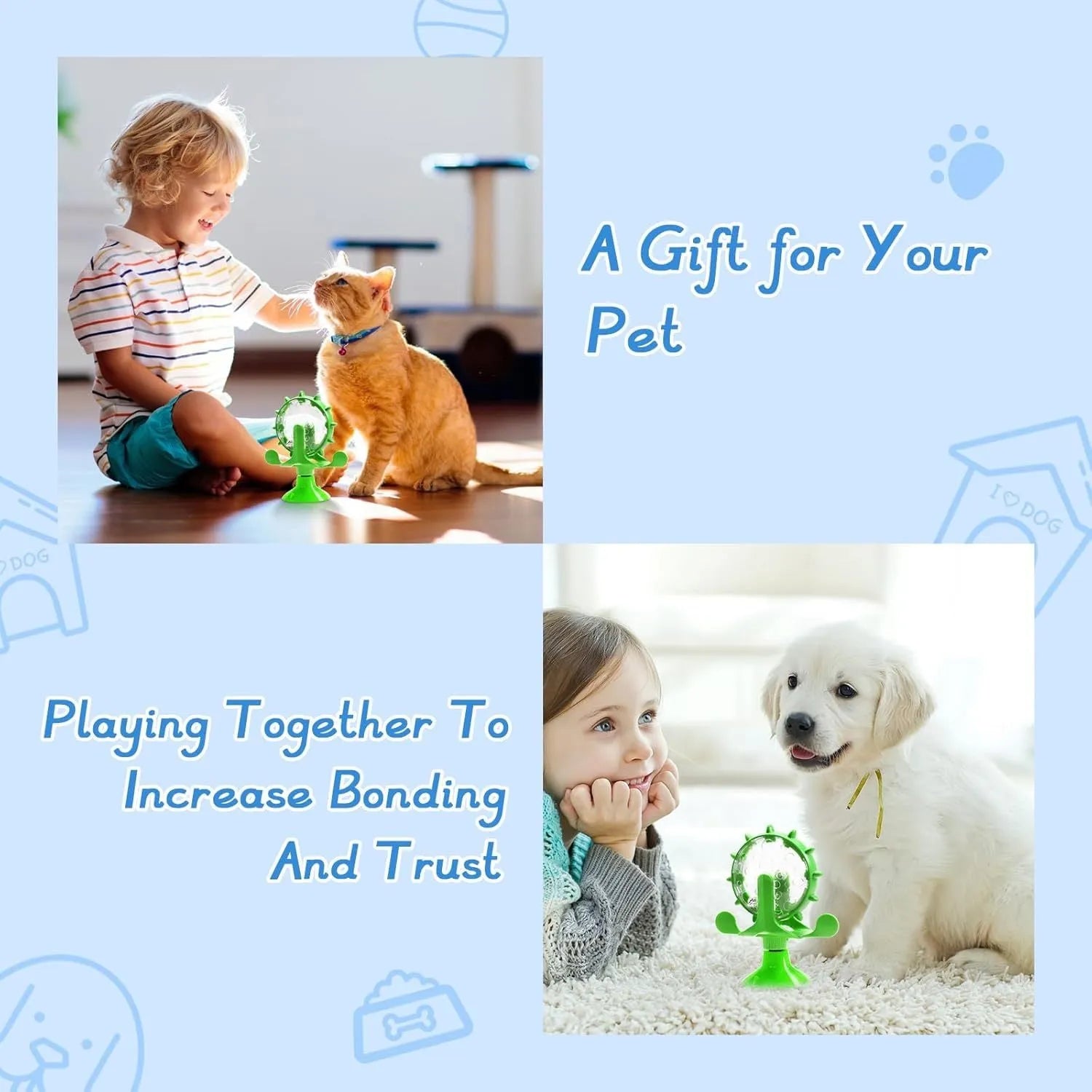 Interactive cat dog puzzle feeder toy with rotating spinner in blue green red yellow colours