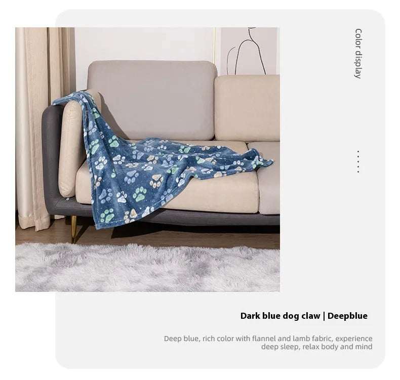 Blue dog cartoon pattern pet blanket showing double-sided flannel texture and size options