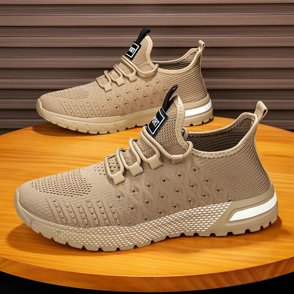 Men's solid colour casual shoes with mesh upper in Army Green, shown alongside black, gray, white, and khaki colour options.
