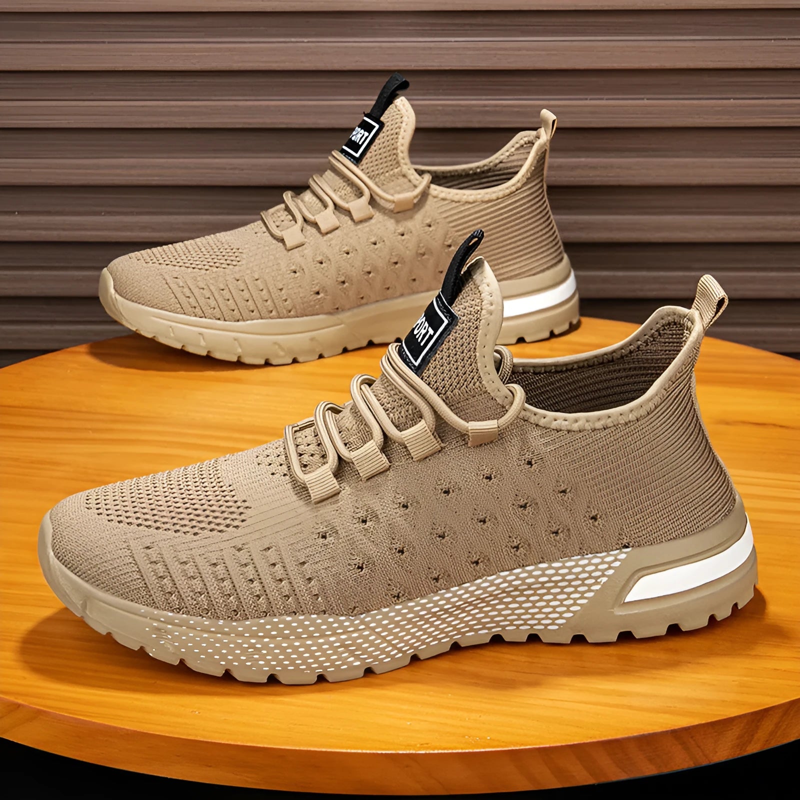Men's solid colour casual shoes with mesh upper in Army Green, shown alongside black, gray, white, and khaki colour options.