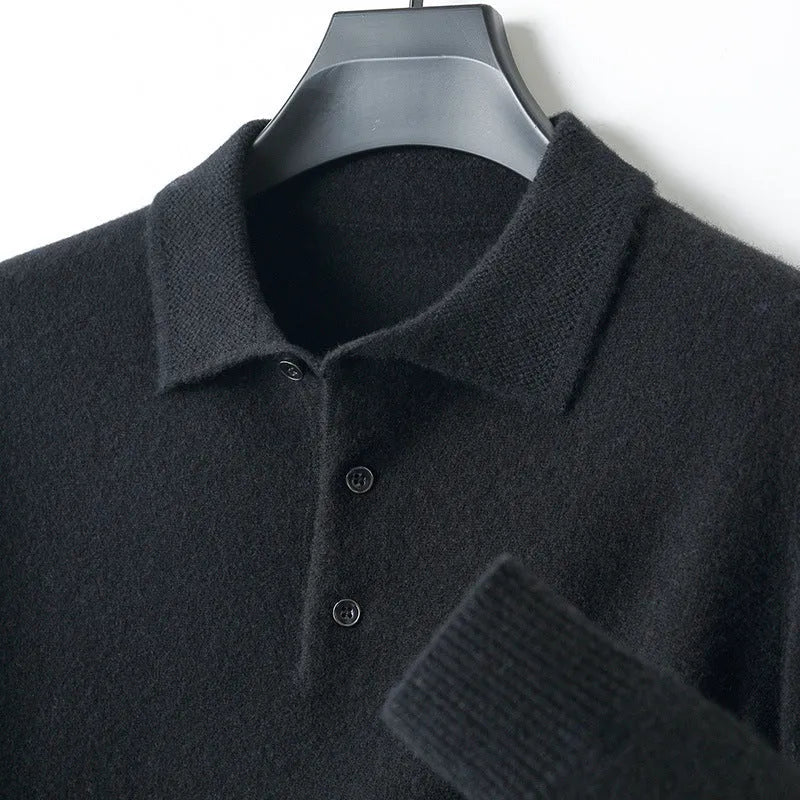Men's grey wool sweater pullover with a polo collar and long sleeves laid flat.