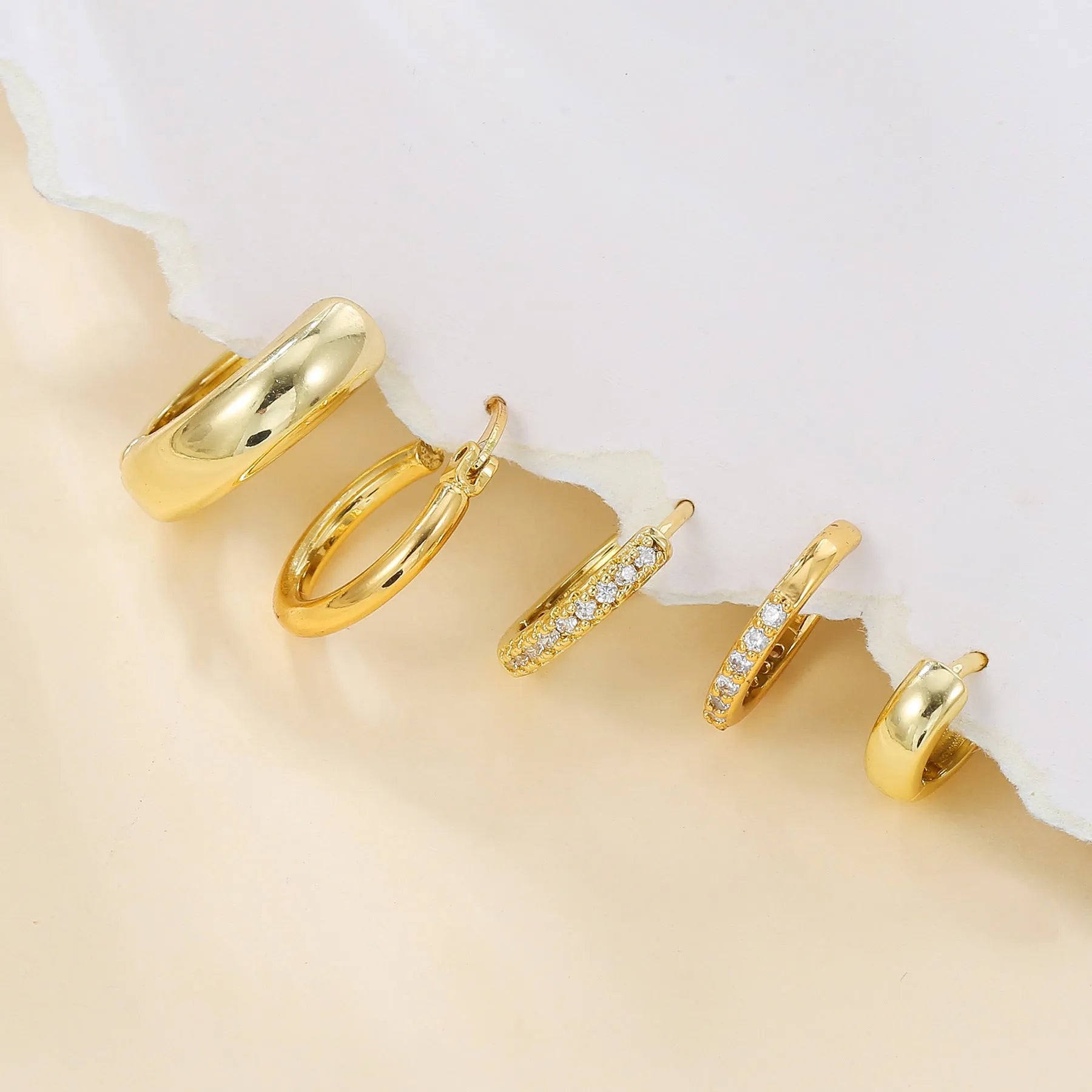 Geometric round ring earrings set of 5 for women, copper inlaid zircon, gold and white K colour options