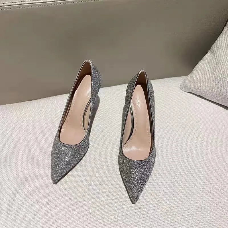 Women's crystal bridal shoes in silver and black with stiletto heels