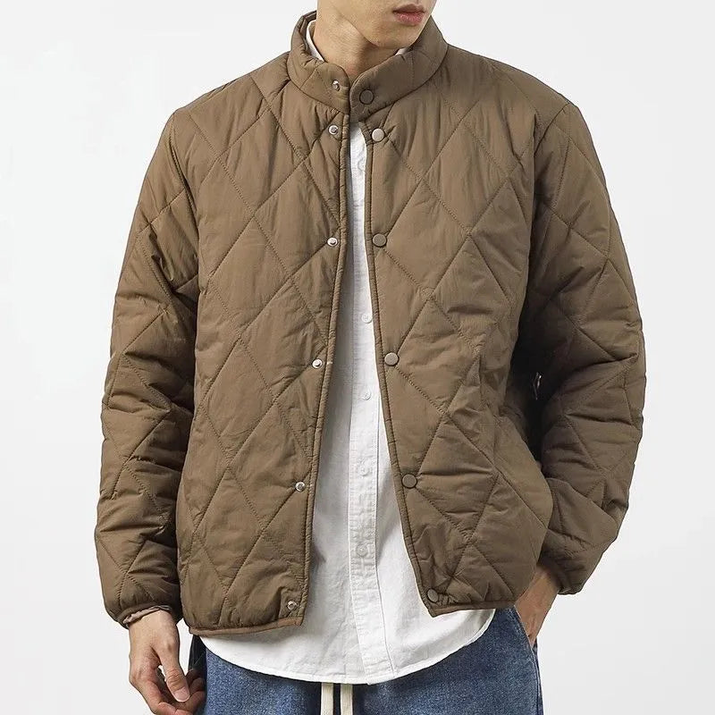 Men's black diamond lattice pattern cotton-padded winter jacket with a lengthened 100cm loose fit.