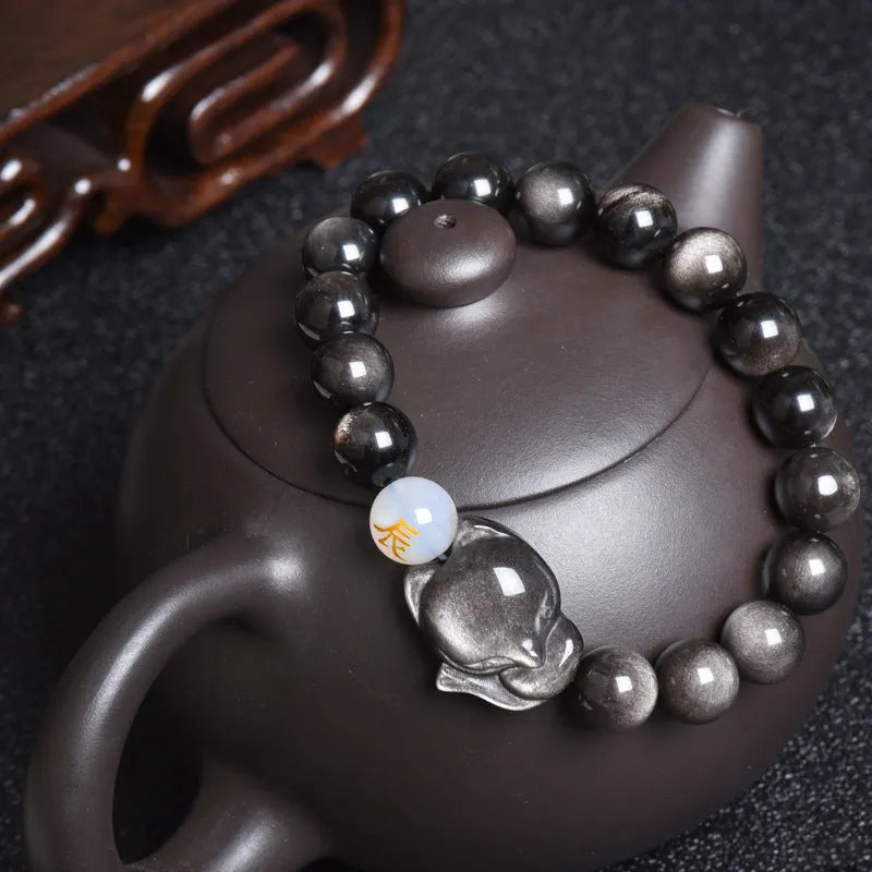 Natural obsidian zodiac bracelet in 10mm beads with national style design.
