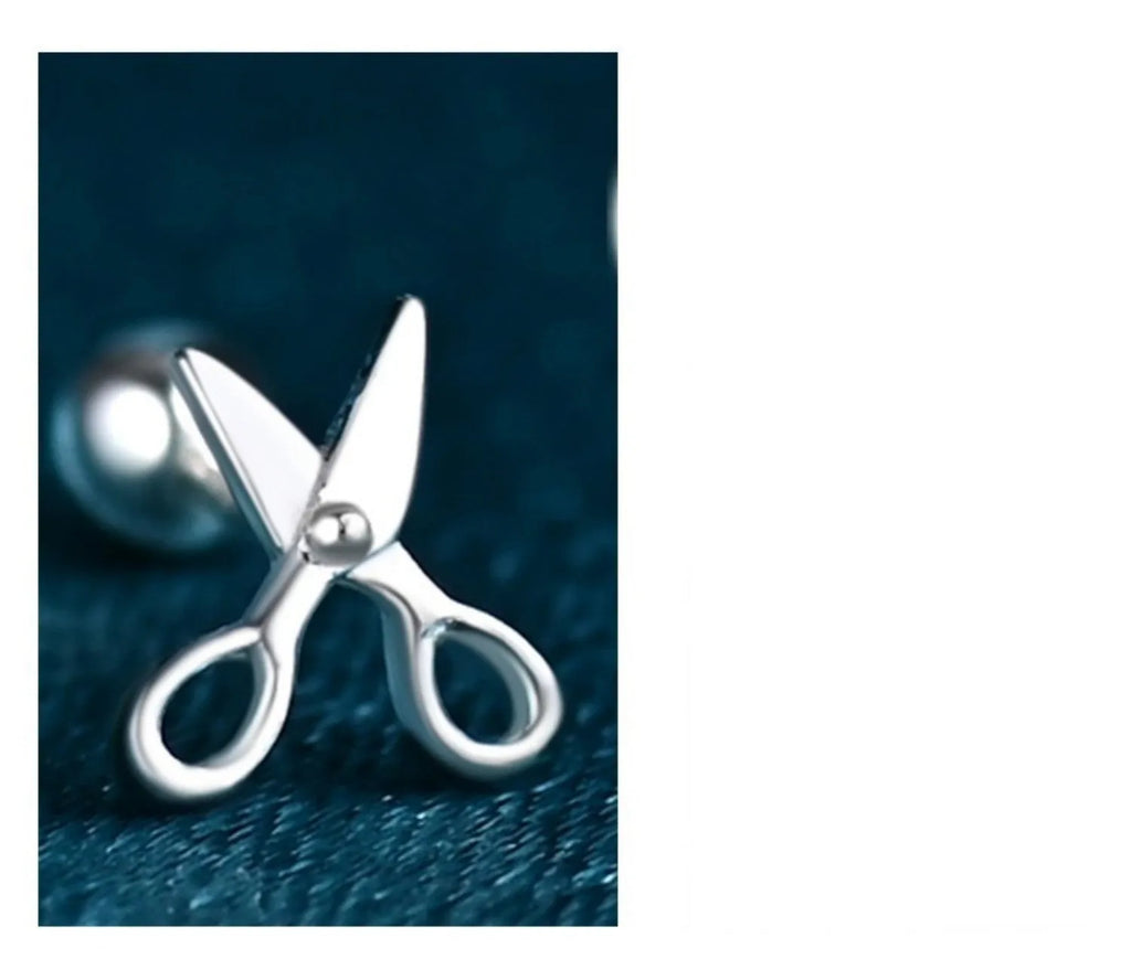 S999 pure silver screw style ear nails with miniature scissors design motif