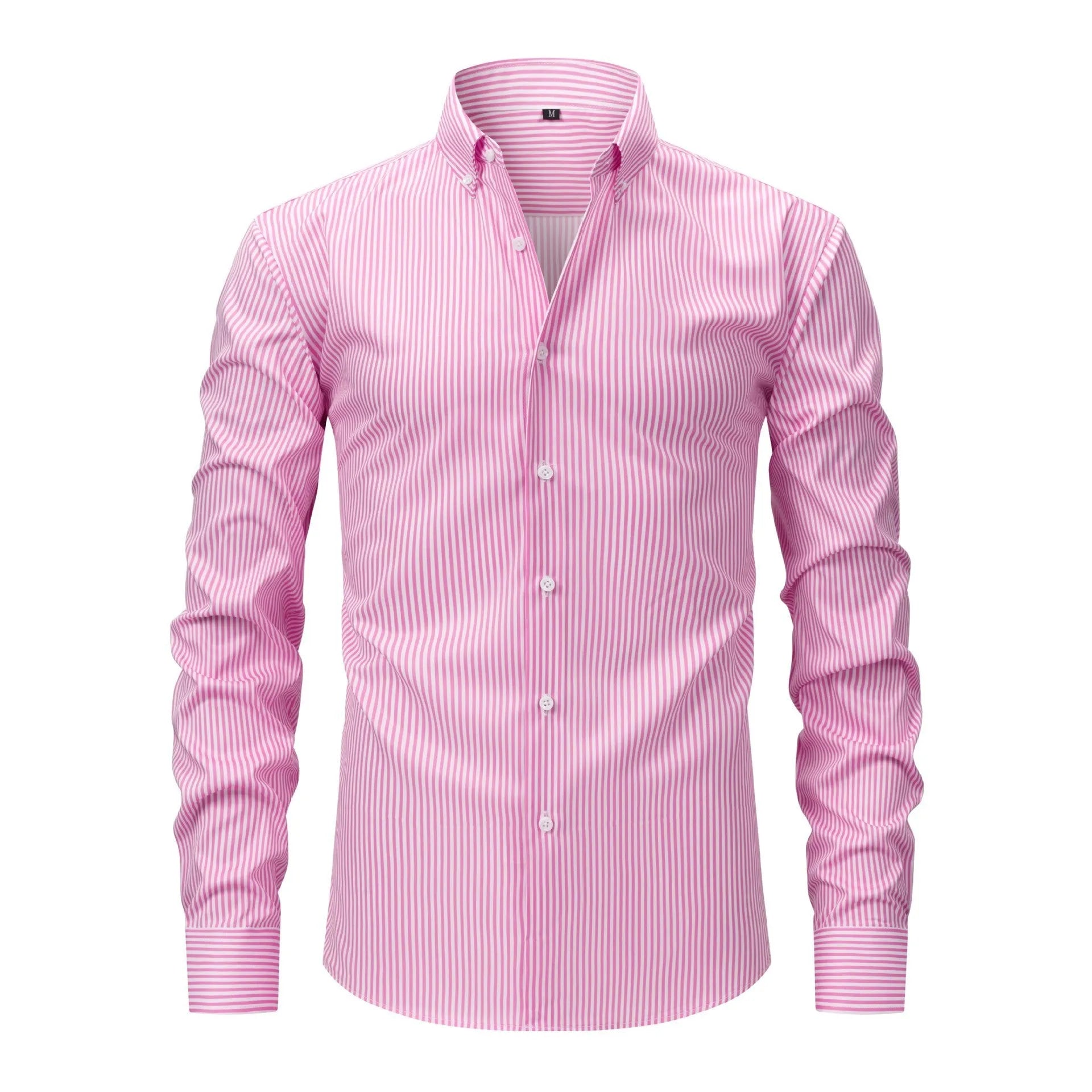 Man wearing a striped long-sleeved anti-wrinkle business casual shirt with a lapel collar.