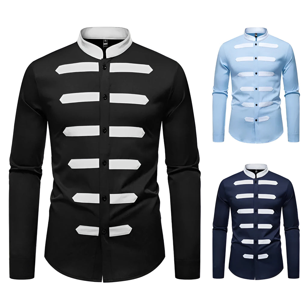 Men's slim fit casual long sleeve shirt in black, light blue, or navy blue made from polyester fabric