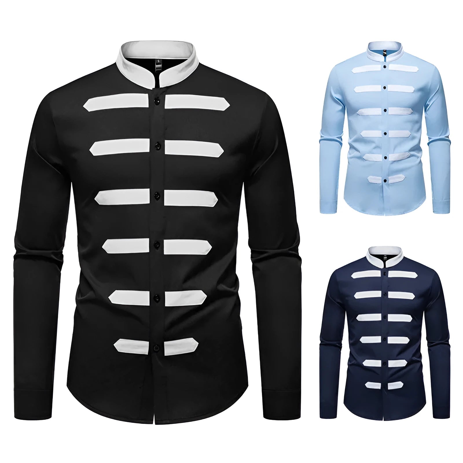 Men's slim fit casual long sleeve shirt in black, light blue, or navy blue made from polyester fabric