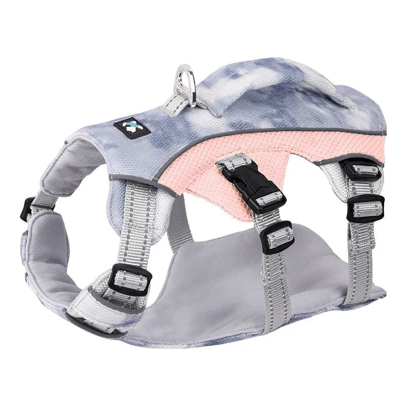 Reflective light blue dog harness chest strap shown on a canine mannequin.